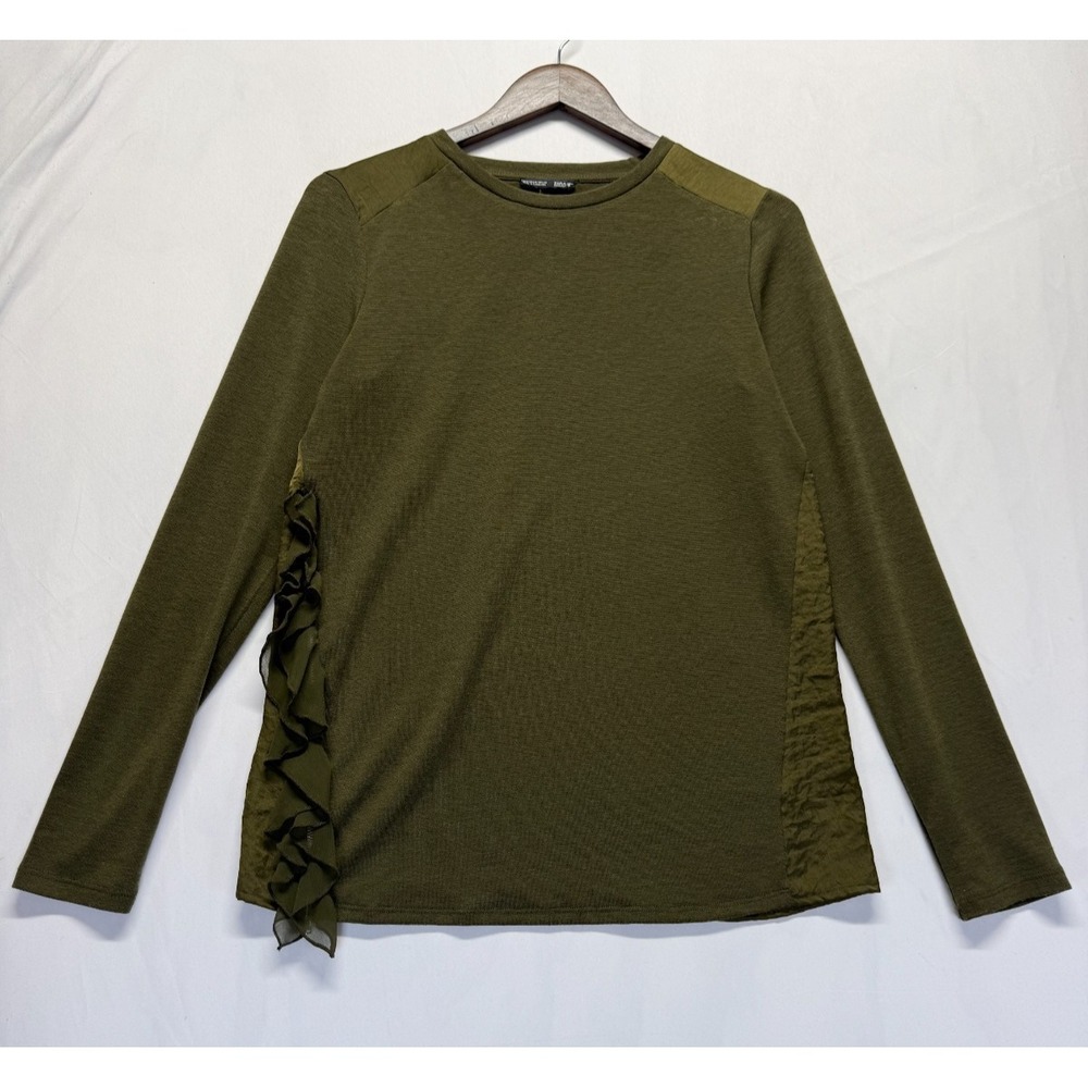 Zara Collection Blouse Top Womens Medium Olive Green Side Zip Ruffle Detail